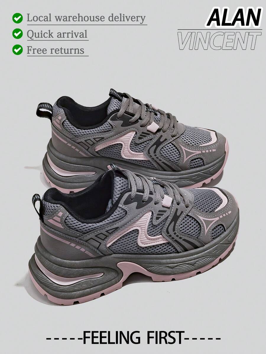 Alan Vincent[Free Returns And Exchanges][Local Delivery][Quick Arrival][City Sneaker Series]Women's Sneakers New Thick Soled Height-Increasing Women's Gray And Pink Shoes Fashionable And Comfortable Soft Shoes Can Be Paired With Various Pants And Clothes Outdoor Sports Shoes Street Style Box Packaging - 灰色 - 查看 1