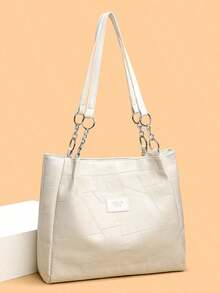 新款休闲PU皮革大容量手提包，女士时尚纯色拉链单肩包/手提包 - 米色 - 查看 1