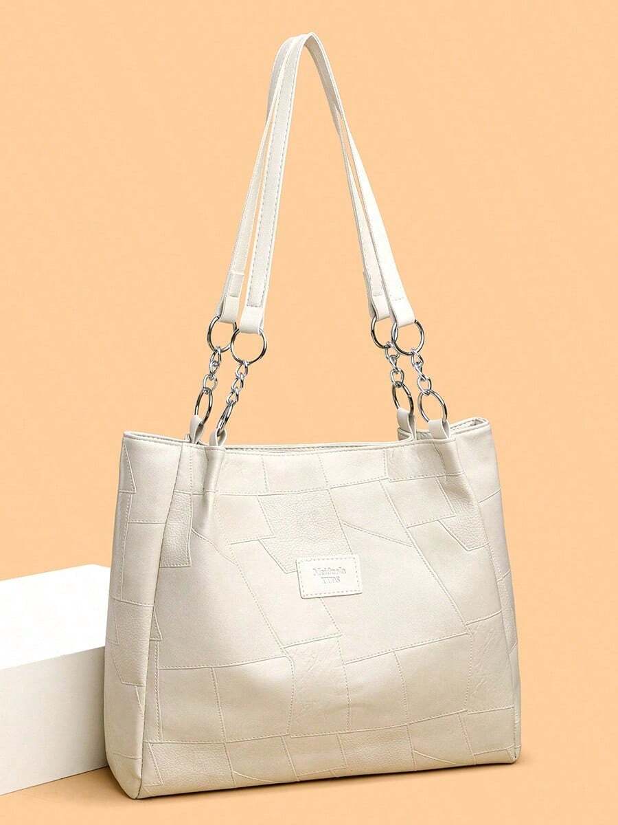 新款休闲PU皮革大容量手提包，女士时尚纯色拉链单肩包/手提包 - 米色 - 查看 1