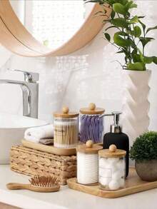 4pcs Qtip Dispenser Holder - 10 Oz Storage Box With Bamboo Lid, Bathroom Accessory Set, Suitable For Cleaning Ball, Round Pads, Panty Liners, Dental Floss Home Bathroom Decor Bathroom Organizer Fall Decor Makeup Organizer Back To School - Wood Color - View 3