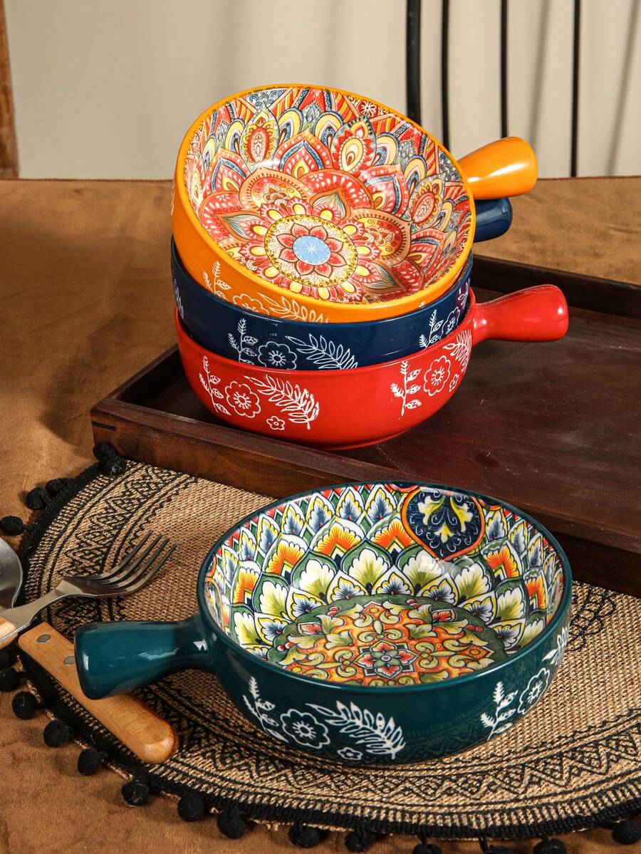 Soup Bowls With Handles, 23 Oz French Onion Soup Bowls Oven, Bohemian Ceramic Soup Crocks For Cereal, Pasta, Beef Stew, Chilli, Microwave Dishwasher 6.2 Inch, Set Of 4 - 彩色 - 查看 1