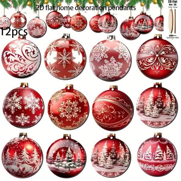 12pcs/24pcs Christmas 2D Holiday Red Decorative Hanging Ornaments, Christmas Red Ornaments, Porch & Yard Decor, Christmas Tree Hanging Ornaments