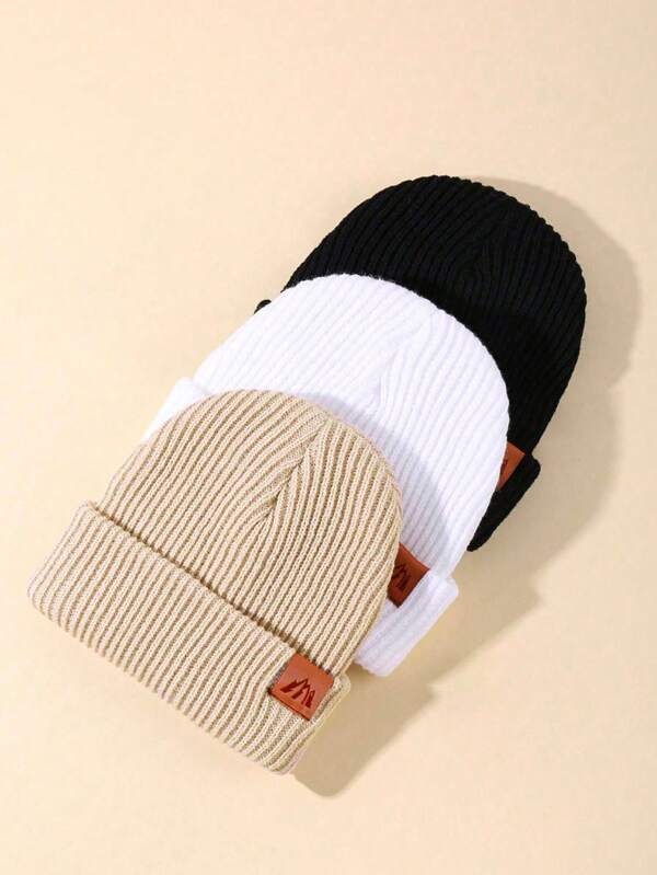 This Three Pieces Set Of Knitted Caps For Babies, Girls And Boys, Suitable For Daily Life And Outdoor Warmth, Features A Fashionable Logo And A Mountain Logo