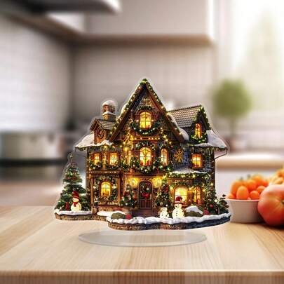 1pc 2D Flat | Christmas Holiday Cabin Display - Indoor Home Decor, Suitable For Living Room, Cottage 1pc Elegant Transparent Sign With Base, Ideal Gift For Holidays And Special Occasions, Unique Design Theme For Bedroom, Office, Bar, Cafe