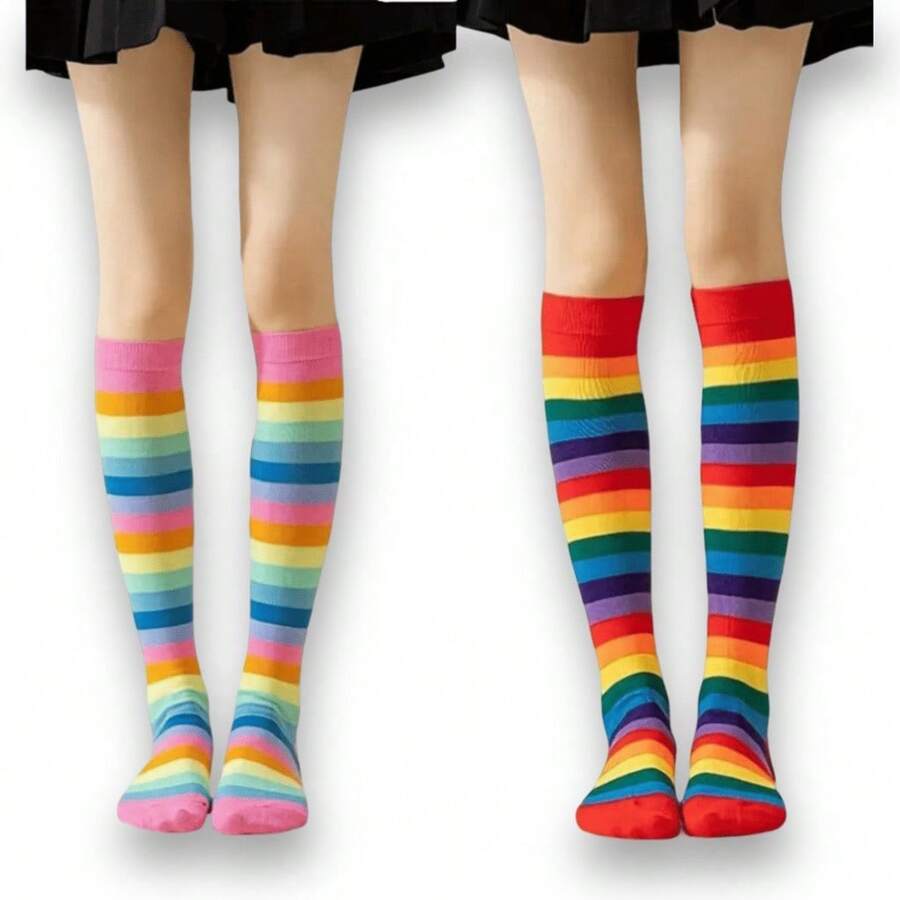 2 Pairs Kit Of Fun Rainbow Striped Socks Comfort And Style For All Ages - Light High + Dark High - View 1