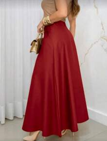 Women's Long High-Waisted Skirt With Pockets On Both Sides - 酒紅色 - 查看 1