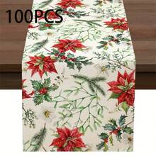 1 Set Leinen Weihnachts-Tischläufer, entworfen mit einem Poinsettia-Muster mit Tannenzweigen, Stechpalme und Beeren als Verzierungen, strapazierfähige Polyester rechteckige Tischdecke, Weihnachtsdekoration geeignet für ländliche Feiertags-Dekoration