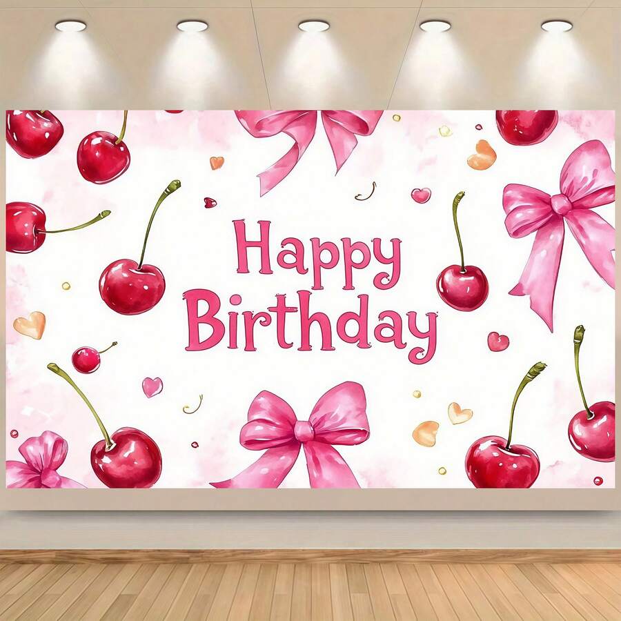 A Cute Cherry Girl Birthday Backdrop, Decorated With Pink Bows And Adorable Fruit Elements, Suitable For Photography, Birthday Celebrations, Holiday Decorations, Portrait Props, Party Banners, And Birthday Party Backgrounds. - Multicolor - View 1