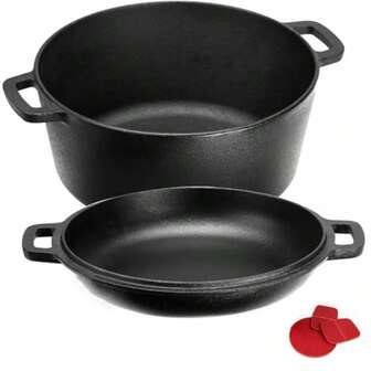 2 In 1 Pre Seasoned Dutch Oven With Skillet Lid For Induction Electric Grill Stovetop BBQ Camping 5.2 Litre Pan