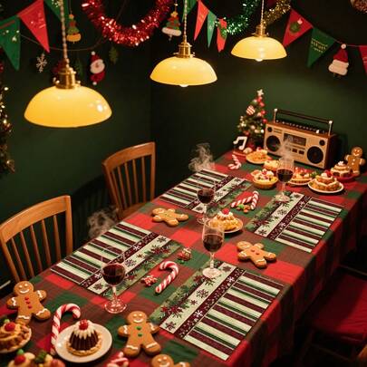 1 pièce/4 pièces/6 pièces/100 pièces Dessous de plat motif vintage rayé poinsettia de Noël - Protecteurs de table rectangulaires en polyester lavables en machine, maniques décoratives pour salle à manger, fournitures de fête, cadeaux de Noël