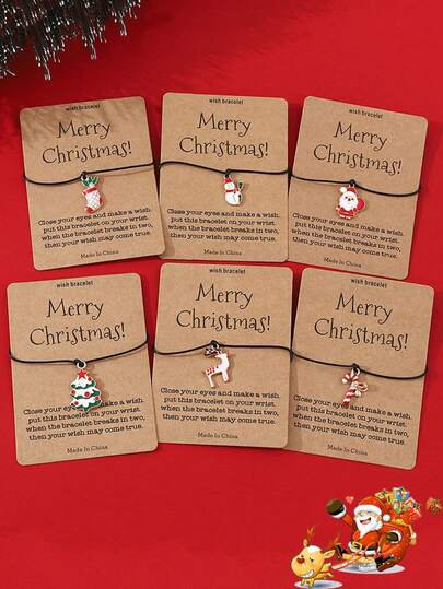 سوار قابل للتعديل مضفر مزين بتعليقات سانتا كلوز وشجرة عيد الميلاد، سوار بطاقة عيد الميلاد الأنيقة، رمز عيد الميلاد الإبداعي البسيط على حبل أسود