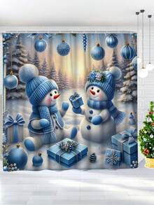 1/4 pièces Ensemble de rideaux de douche d'hiver de Noël, boules de Noël bonhomme de neige, cadeaux. Rideau de douche en polyester bleu mignon, imperméable et lavable pour la décoration de la salle de bain de Noël, avec 12 crochets. Tapis de bain en U et housse de siège de toilette non inclus