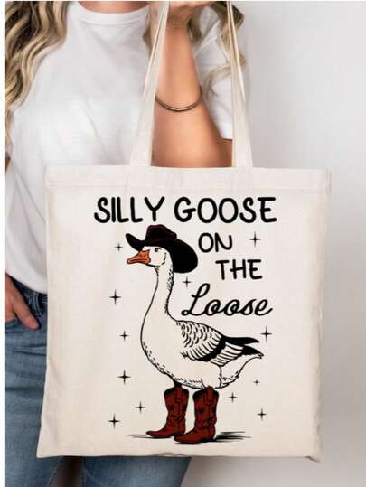 1 pieza, Bolso de tela vaquera con estampado de ganso de doble cara, bolso de almacenamiento con diseño de animales divertidos, estilo de academia vaquera occidental, regalo de otoño y Acción de Gracias, bolso de la compra, adecuado para el hogar, compras, viajes, escuela, regalos, 16in*14in