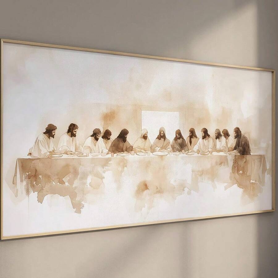 1pc "The Last Supper" Minimalist Beige Abstract Canvas Print - Leonardo Da Vinci Inspired Painting, Horizontal Wall Art For Living Room & Bedroom Decor, Frameless, Shepherds Fine Art, Christian Faith - Multicolor - View 1