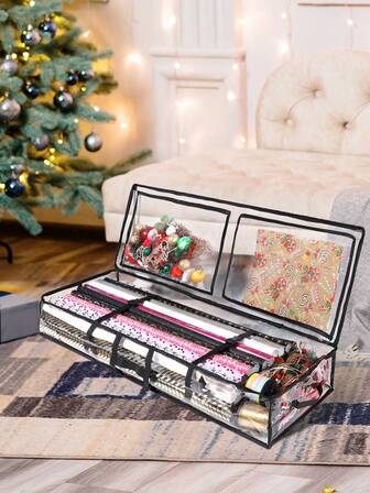 1 件带拉链和手柄的礼品包装纸储物容器，带环扣的透明防水圣诞礼品袋，大容量床下储物盒，礼品包装储物，家居装饰，圣诞节收纳用品。