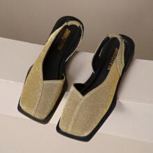 Damen Elastische Slip-On Quadratische Zehenriemchen Sandalen - Frühling/Herbst Geschlossene Zehe Flach mit Glitzer Stoff Glänzend Gold Obermaterial, Bequeme Gummisohle und Knöchelriemen - Lässig & Formell Doppelnutzung, Alltäglicher Gebrauch, Modisch und langanhaltend Rutschfeste Schuhe