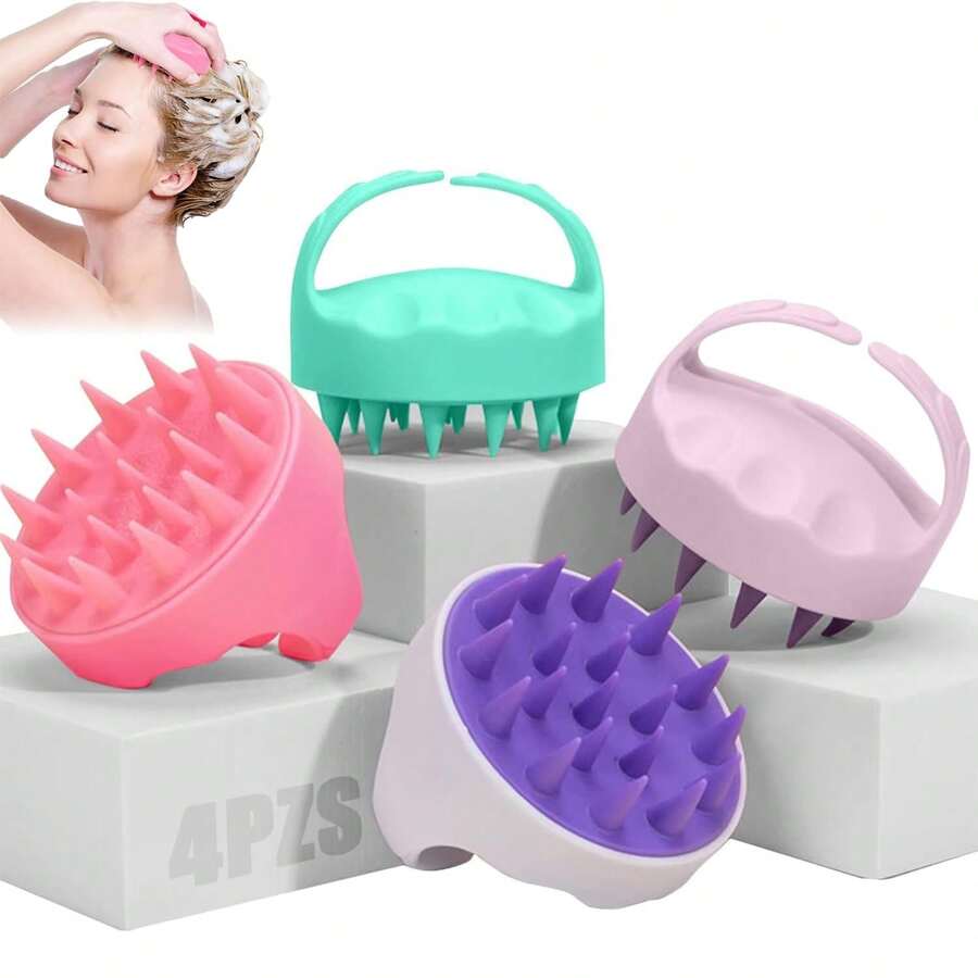 Set de 4 Masajeadores Cabelludo en Manual - PE, Resina, Plástico y Silicona, Verde, Rosa y Morados - Elimina Caspa y Estimula Crecimiento - Verde + Rosa + Morado Blanco + Morado Gris - Ver 1