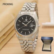 PROKING 1pc 40mm Men's Stainless Steel Calendar Quartz Watch, Business Waterproof Vintage Fashion Wristwatch, Suitable For Daily Decoration, Birthday Gift - Black - View 3