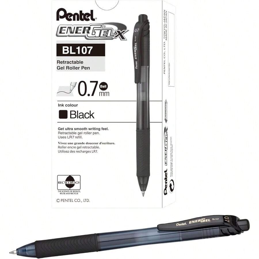 EnergelX Liquid Gel Pen Retractable 0.7mm Medium Nib Black Barrel Black Ink Box Of 12 Pens BL107A