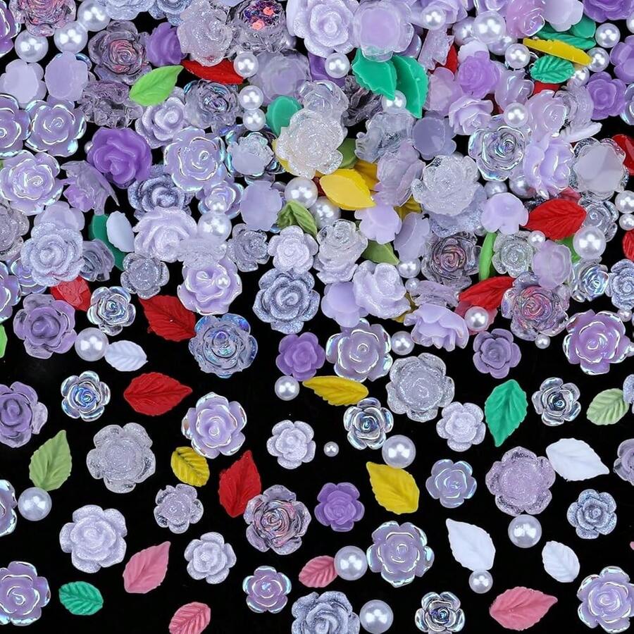 3D Flower Nail Charms Set,150pcs Mixed Size Camellia Rose Resin Charms,150pcs Mixed Size And Color Leaves,100pcs Round White Pearl Beads For Nail Accessories Nail Art (4-Camellia Purple){"Color_name":"AmelliaPurple"} - 阿梅莉亞.普爾普爾 - 查看 1