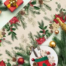 1 Set Leinen Weihnachts-Tischläufer, entworfen mit einem Poinsettia-Muster mit Tannenzweigen, Stechpalme und Beeren als Verzierungen, strapazierfähige Polyester rechteckige Tischdecke, Weihnachtsdekoration geeignet für ländliche Feiertags-Dekoration
