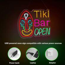 1pc Tiki Bar Open Neon Sign, USB Powered Wall Art Decor With Adjustable Brightness Switch, Indoor/Outdoor LED Neon Light For Home, Bar, Restaurant, Lounge, Tiki Bar Decor