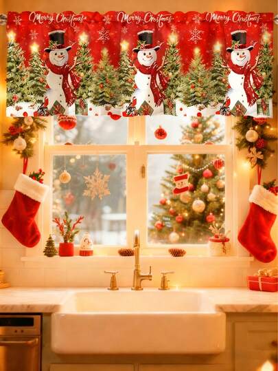 1 件节日雪人圣诞窗帘帷幔 45*140 厘米涤纶圣诞树图案短窗帘带杆袋圣诞快乐装饰品 2025 适用于家庭季节性圣诞节卧室客厅厨房浴室洗衣房短窗帘装饰圣诞礼物新年快乐 2026