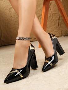 Talons hauts sexy et confortables à bout pointu, talon épais, en patchwork noir. Convient pour les occasions formelles, les fêtes, le travail, les mariages