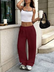 Pantalones de chándal sueltos y casuales de unicolor con cintura elástica - Burdeos - Ver 5