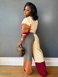 Spring And Autumn Casual Splicing Women's Two Pieces Long Sleeve Zipper Pullover Hem Waisted Top Elasticized Waist Pocket Straight Drawstring Pants Street Sweat Suit - Đỏ đậm + cam - Xem 4