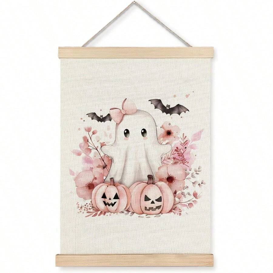 URLLUAE Pink Ghost Wall Decor Halloween Cute Ghost Canvas Wall Art Poster Hanger Frame Pink Ghost Halloween Decor Pink Fall Decor Preppy Halloween Decor Coquette Room Decor 12x16 Inches# DOUYYY