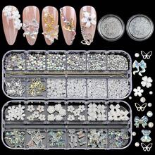 Flatback Nail Art Pearls Flower Bow Butterfly Nail Charms With Rhinestones Gold Silver Colorful Pearls Rhinestones Gems For Women Acrylic Manicure Decorations Supplies{"Color_name":"Colorful-04"} - 多彩-04 - 查看 1