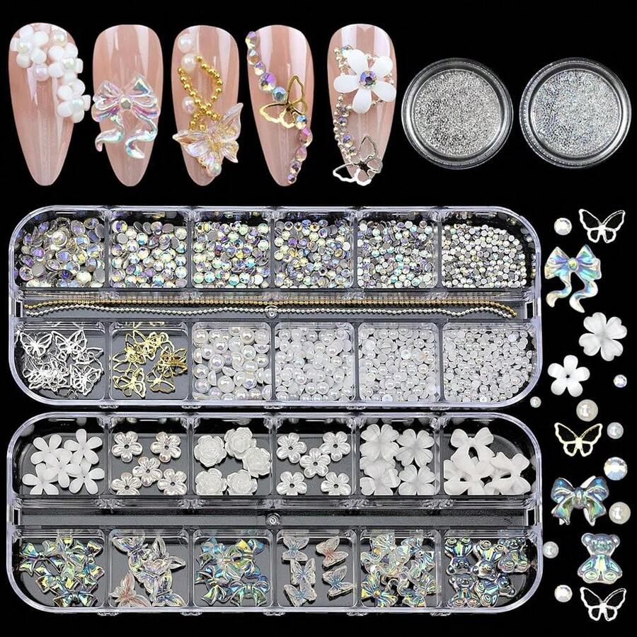 Flatback Nail Art Pearls Flower Bow Butterfly Nail Charms With Rhinestones Gold Silver Colorful Pearls Rhinestones Gems For Women Acrylic Manicure Decorations Supplies{"Color_name":"Colorful-04"} - 多彩-04 - 查看 1