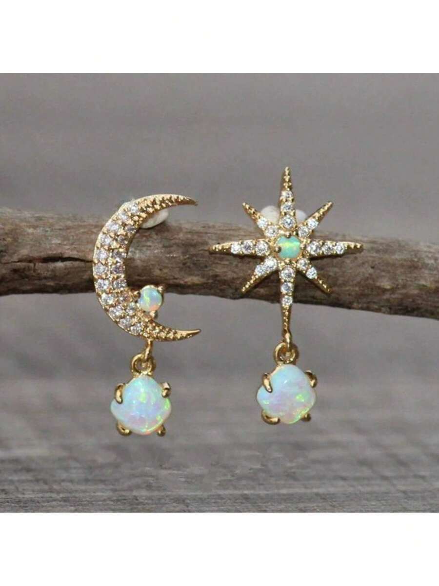 Vintage Gold Moon Earrings Asymmetric White Fire Opal Pendant Earrings Women - 金色 - 查看 1