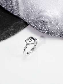 Sterling Silver Open Heart Ring, Dainty Vintage Engraved Love Ring, Unique Gift For Women - Màu Bạc Cổ - Xem 7