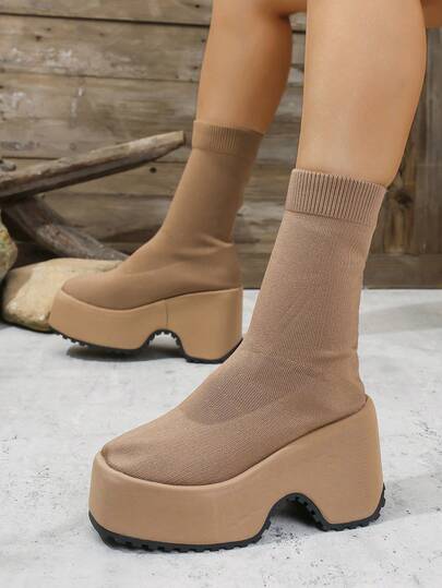 Giày bốt tất dệt kim đế dày, cổ điển, co giãn dành cho nữ, giày bốt cao đến bắp chân, mũi tròn, kiểu Bohemian, thời trang thu/đông