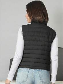 CHALECO ACOLCHADO LARGO PARA MUJER CON CUELLO ALTO SIN MANGAS IDEAL PARA ATUENDOS CASUALES - Negro - Ver 3