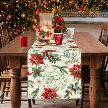 1 Set Leinen Weihnachts-Tischläufer, entworfen mit einem Poinsettia-Muster mit Tannenzweigen, Stechpalme und Beeren als Verzierungen, strapazierfähige Polyester rechteckige Tischdecke, Weihnachtsdekoration geeignet für ländliche Feiertags-Dekoration