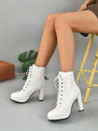 粗跟圆头短筒系带高跟鞋，超高防水台，简约时尚，百搭女士高跟鞋，冬季靴子