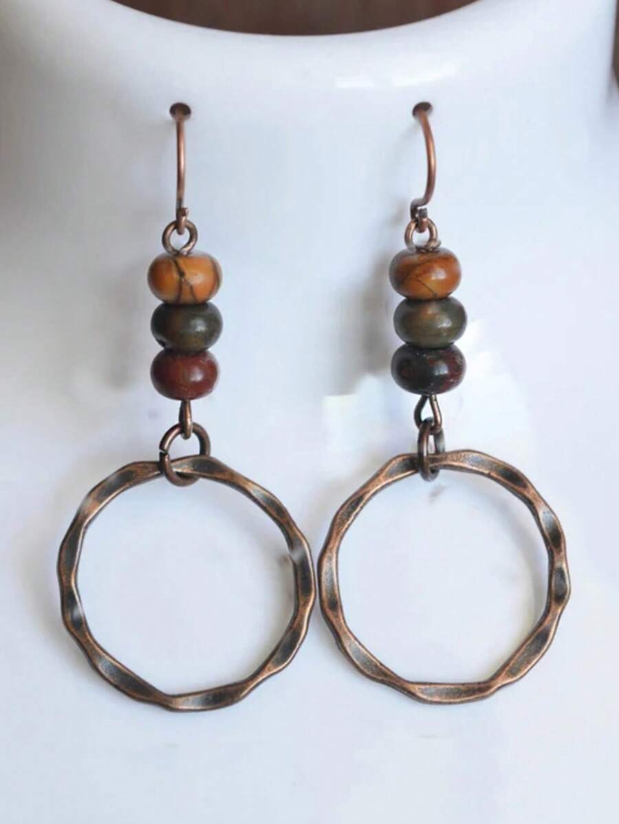 2pcs Vintage Handmade Beaded Wooden Bead Geometric Circle Boho Style Hoop Earrings For Women, Party