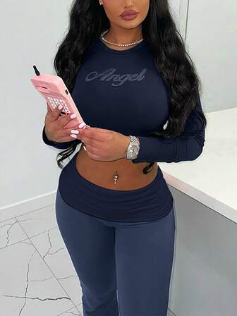 Women 2 Pieces Sets Bodycon Long Sleeves Slim Flared Trousers Casual Fall Winter Streetwear Angle Rhinestone Daily Valentine Day Spring Clothes