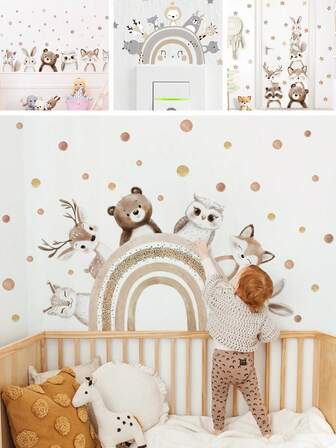 BRUP 1/2 张育儿室墙贴，婴儿房动物墙贴，可撕可贴卡通森林朋友（熊、鹿、猫头鹰），防水儿童房装饰，易于粘贴的男孩女孩墙壁艺术