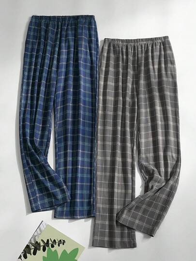2pcs Men's Spring/Summer Thin Plaid Print Pants, Comfortable Casual Loungewear Sleepwear Bottoms, Fall Winter Clothes