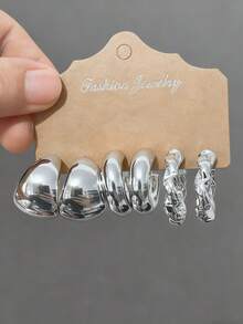 3 Pairs/9 Pairs Thick Silver-Tone Earring Set For Women, Low Allergy Chunky Earrings - Silver - View 12