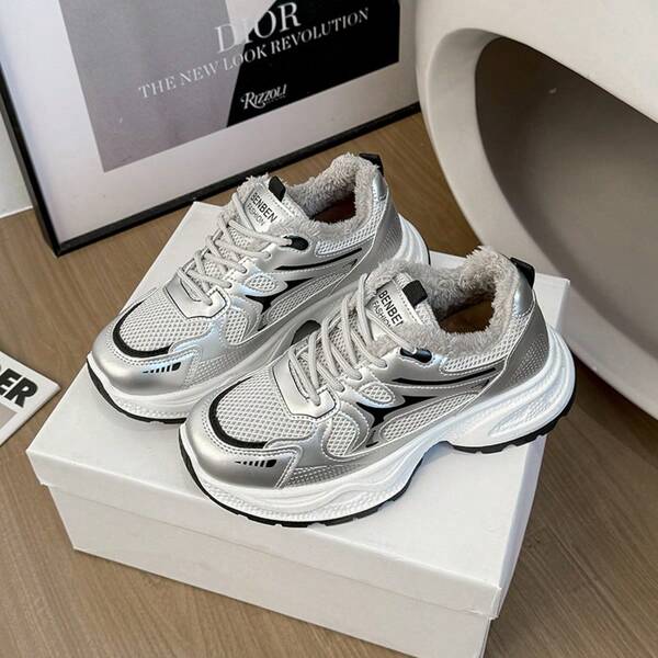 أحذية رياضية سميكة جديدة للنساء، أحذية رياضية شتوية مبطنة بالحرارة، أحذية رياضية سميكة منصة دافئة ومريحة بطراز رجعي، أحذية جري