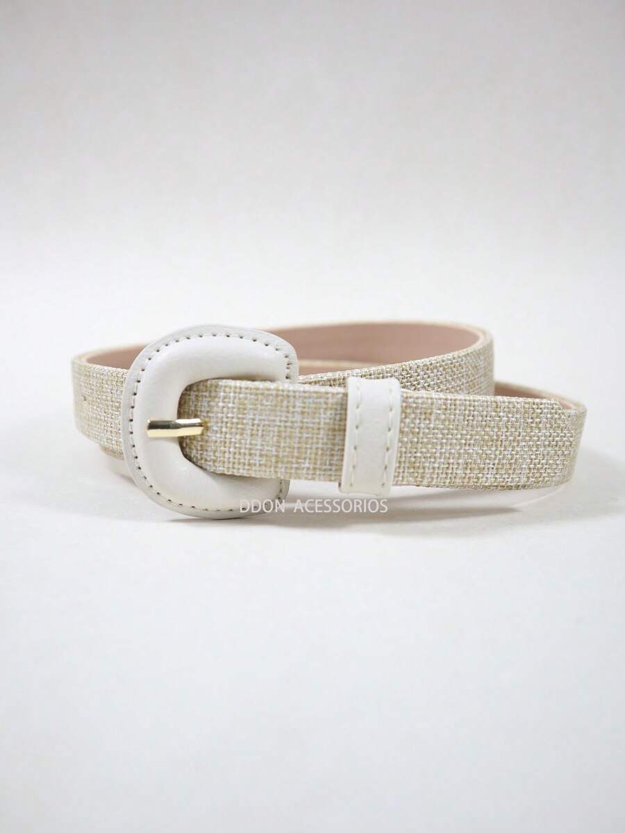 Women's Belt Straw Color Fabric Colorful Design Simple Covered Buckle For Everyday Wear - WHITE OFF - View 1