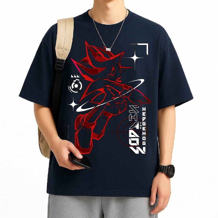 Shadow Soniic T-Shirt Cartoon Video Game Geek Game Unisex Male Female 100% Cotton Premium Top Streetwear Launch Immediate Shipping Various Colors!! Plus Size - 藏蓝色 - 查看 1