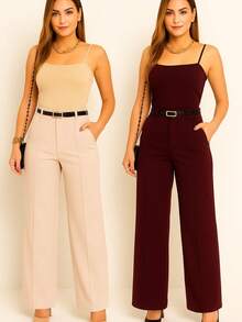 Kit 2 Women's Wide Leg Pants With Belt - 米色/酒紅色 - 查看 2