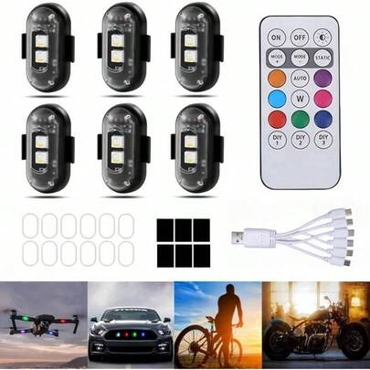 6PCS Wireless Strobe Lights With Remote Control, Wireless Warning Lights 8 Colors Charge IP65 Waterproof Anti - Collision, Car Interior Motorcycle Bike Drone Car Truck RC Aircraft
