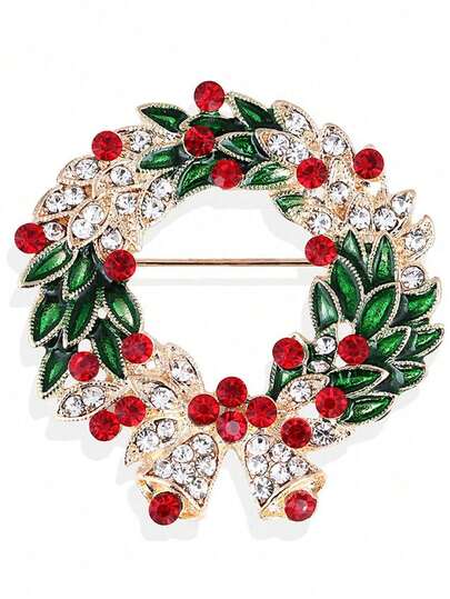 دبوس معدني أنيق للكريسماس قطعة واحدة، دبوس راين ستون معدن زنك مطلي لامع للنساء